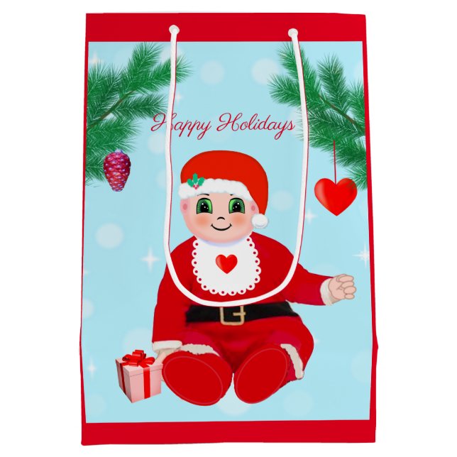 Sac Cadeau Moyen Bébé de Noël, coeurs et pin (Dos)