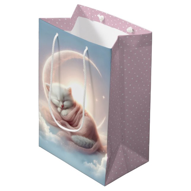 Sac Cadeau Moyen Bébé Fille Kitten sur une lune de croissant (Devant Angle)