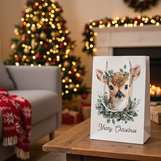 Sac Cadeau Moyen Bébé mignon Cerf Joyeux Noël - Aquarelle Fawn (Créateur téléchargé)