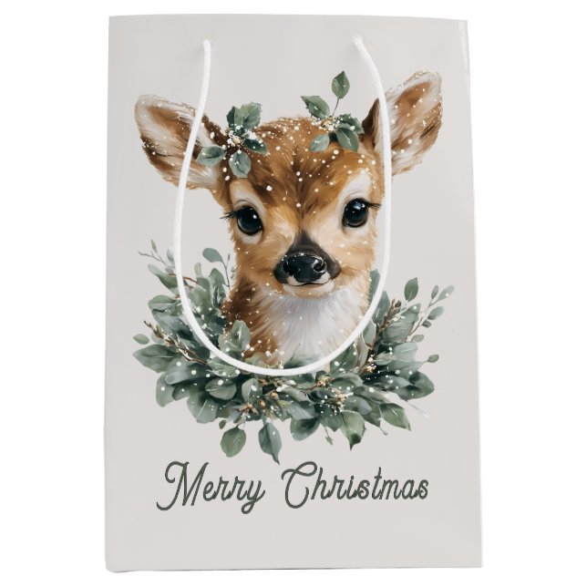Sac Cadeau Moyen Bébé mignon Cerf Joyeux Noël - Aquarelle Fawn (Devant)