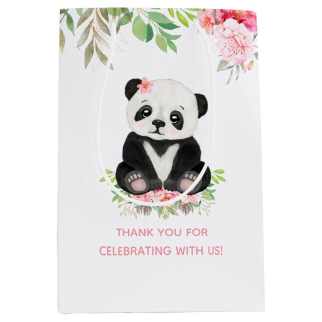 Sac Cadeau Moyen Bébé mignon fille Panda Baby shower rose pâle (Devant)