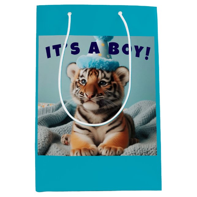 Sac Cadeau Moyen Bébé mignon Révéler Garçon Bleu Bébé Tiger (Devant)