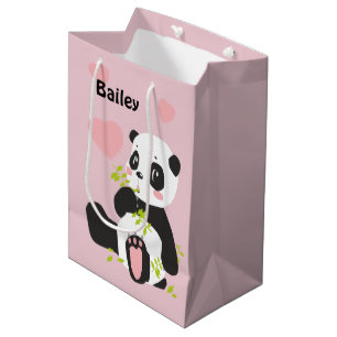 Sac Cadeau Moyen Bébé Panda Ours Rose Coeurs Personnalisé