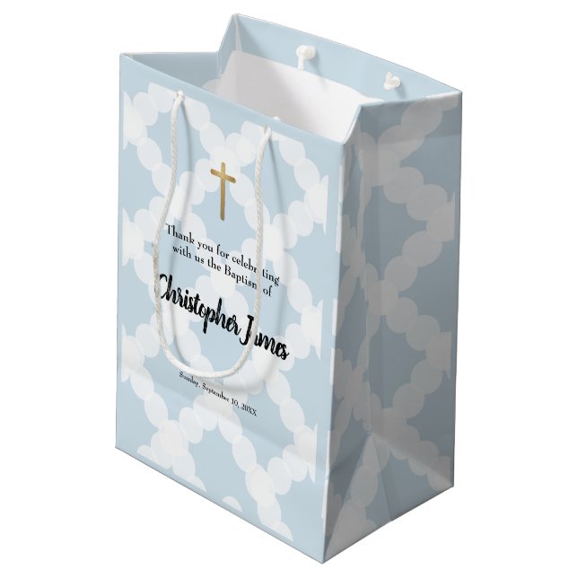 Sac Cadeau Moyen Bébé personnalisé garçon baptême Croix d'or bleu (Dos Angle)