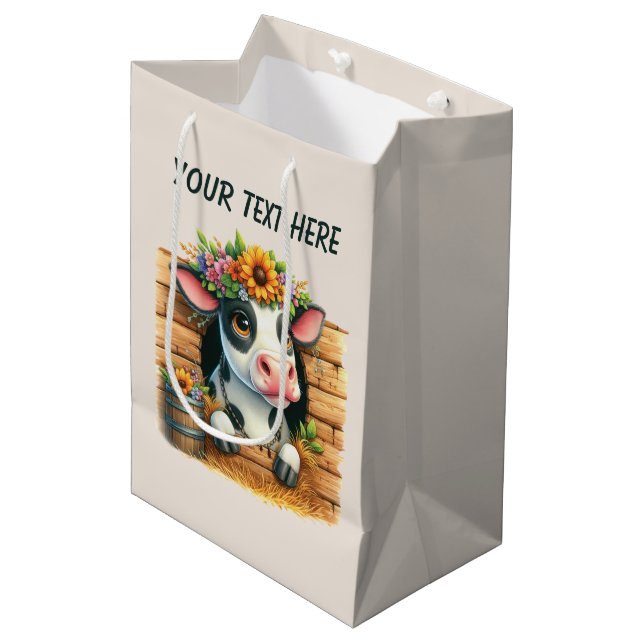 Sac Cadeau Moyen Bébé vache mignon ajouter du texte  (Devant Angle)