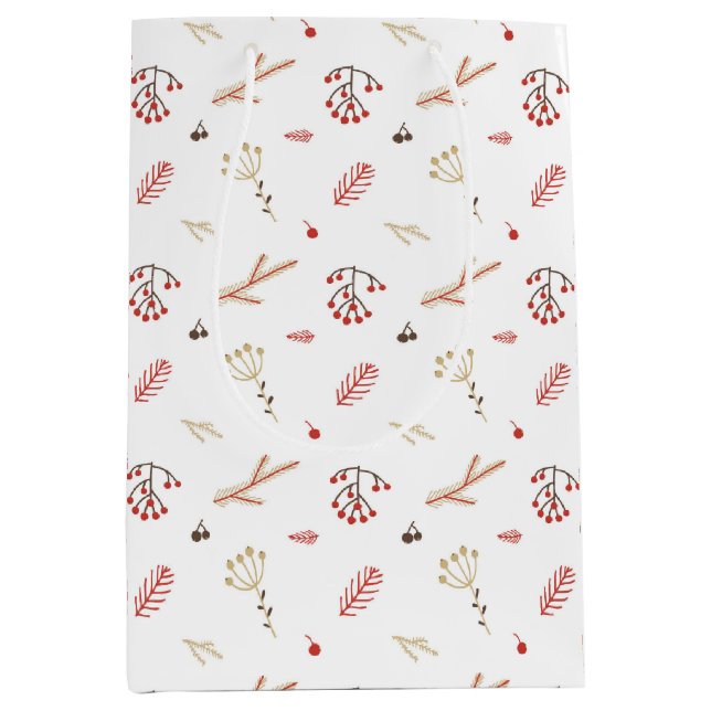 Sac Cadeau Moyen Beige Rouge Holly Berry Vacances Moyen Cadeau (Devant)