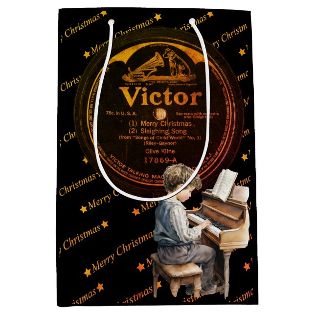 Sac Cadeau Moyen Belle Enfant Piano Victor Record Bronze Noir (Devant)
