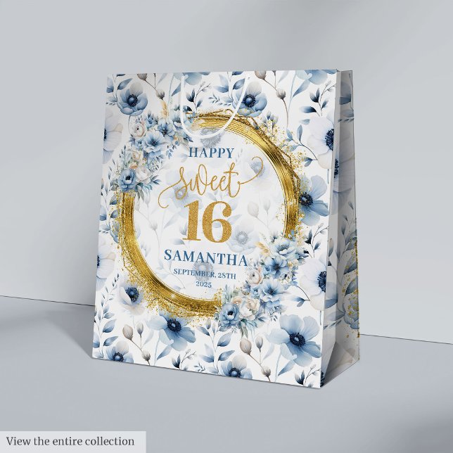 Sac Cadeau Moyen Belle Fleurs Bleues Bleues Bleues Bleues Douces 16 (Beautiful Light Blue Flowers Sweet 16 Gold Glitter Medium Gift Bag )