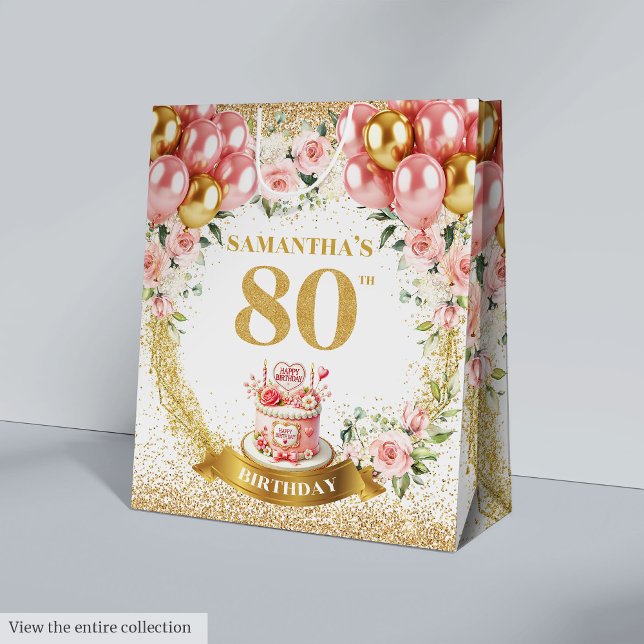 Sac Cadeau Moyen Belle or Numéro 80e anniversaire Fleurs de Blush (Beautiful Gold Number 80th Birthday Blush Flowers Medium Gift Bag)