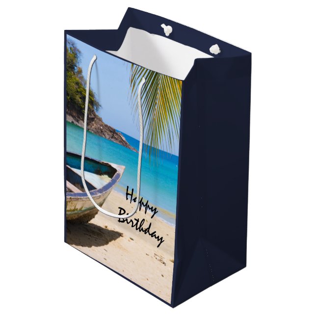 Sac Cadeau Moyen Belle plage tropicale avec un Anniversaire en bate (Devant Angle)