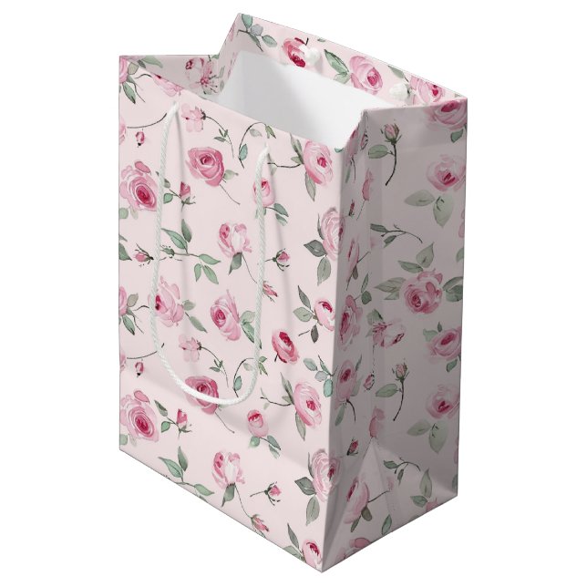 Sac Cadeau Moyen Belles Roses Roses Fleur Mariage (Devant Angle)
