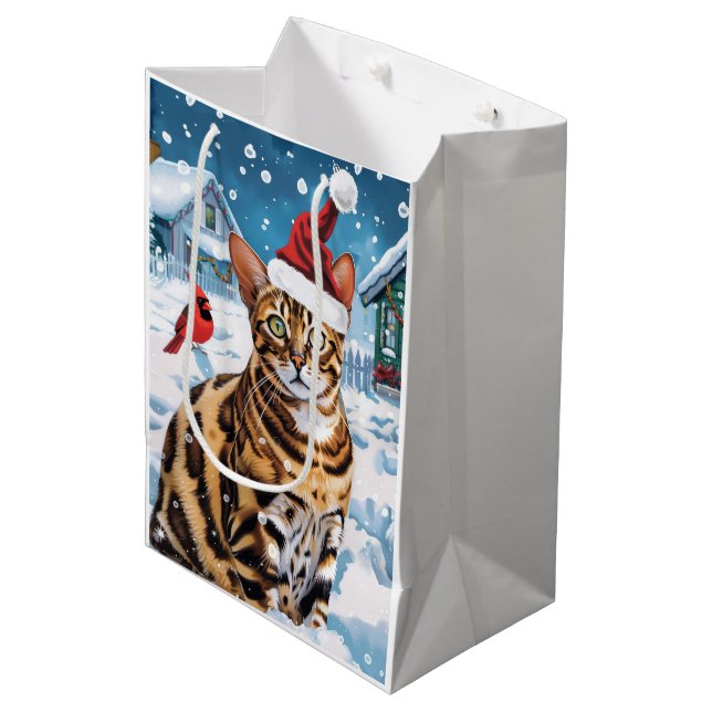 Sac Cadeau Moyen Bengal Chat hiver Wonderland Noël Joie (Devant Angle)