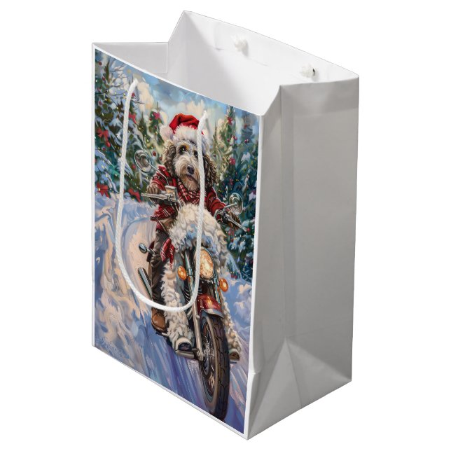 Sac Cadeau Moyen Bernedoodle Chien équitation Moto Noël (Devant Angle)