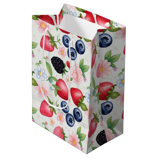 Sac Cadeau Moyen Berry Fleurs fraises fête d'anniversaire pour elle (Devant Angle)
