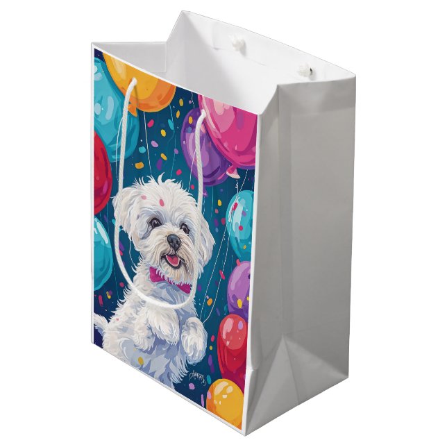 Sac Cadeau Moyen Bichon Frise avec ballons (Devant Angle)