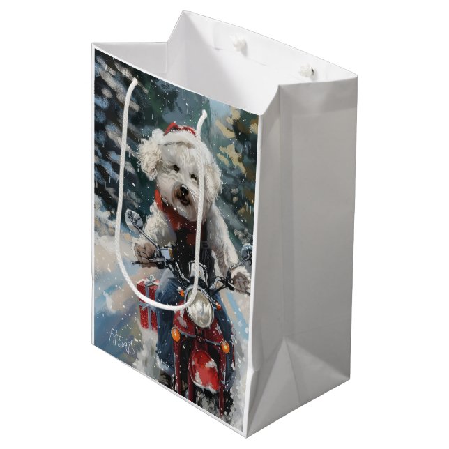 Sac Cadeau Moyen Bichon Frise Chien équitation Moto Noël (Devant Angle)