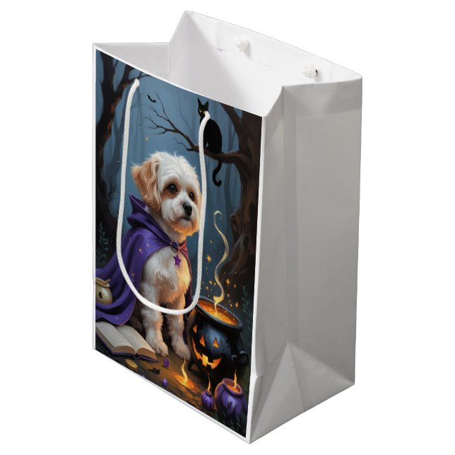 Sac Cadeau Moyen Bichon Frise Chien Whimsical Halloween Peinture (Devant Angle)