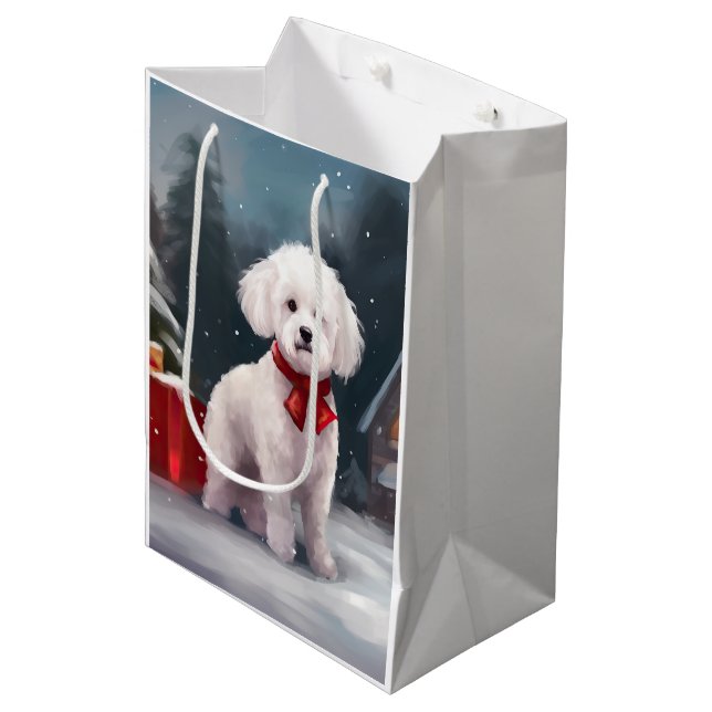 Sac Cadeau Moyen Bichon Frise Dog à Noël de neige (Devant Angle)
