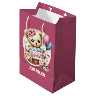 Sac Cadeau Moyen Bienvenue bébé fille personnalisable ours