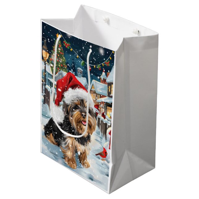 Sac Cadeau Moyen Biewer Terrier Chien Winter Wonderland Noël Joie (Devant Angle)