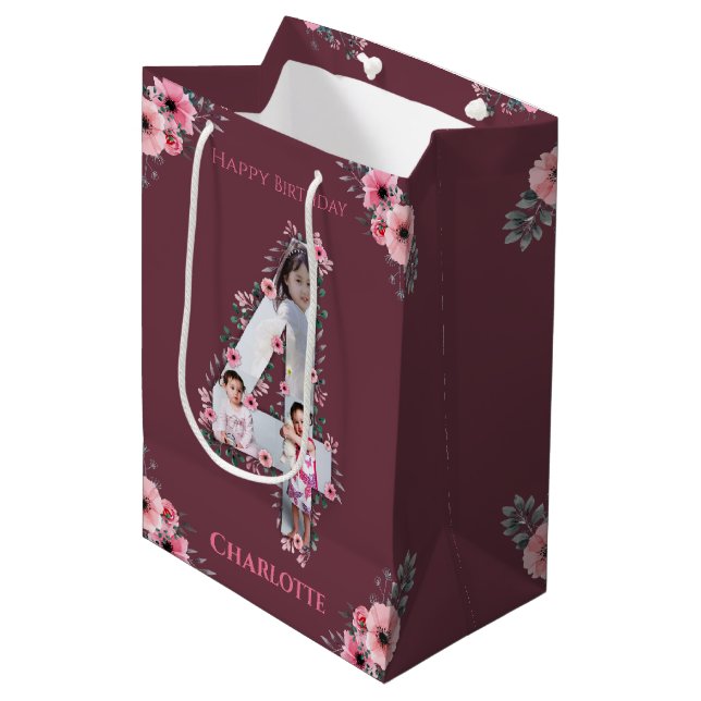 Sac Cadeau Moyen Big 4th Birthday Girl Photo Collage Fleur rose (Devant Angle)