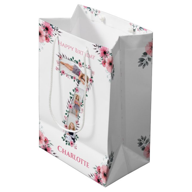 Sac Cadeau Moyen Big 7th Birthday Girl Photo Collage Fleur rose (Devant Angle)