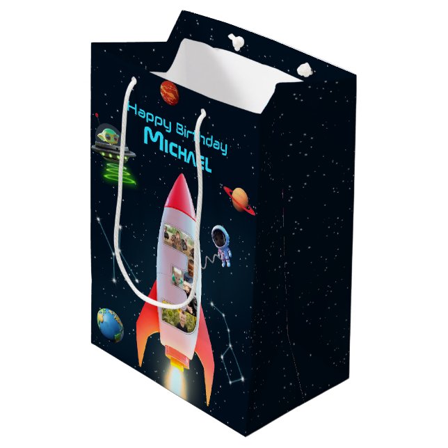 Sac Cadeau Moyen Big Three avec photos | Space Rocket 3e anniversai (Devant Angle)