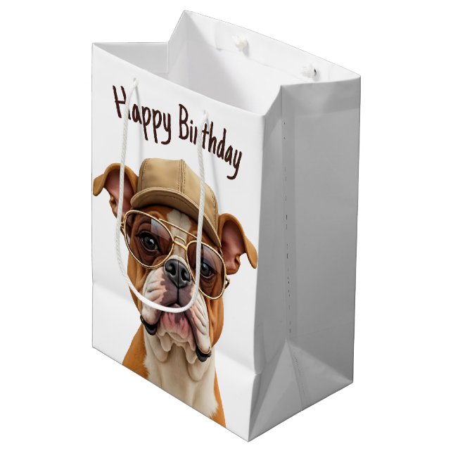 Sac Cadeau Moyen Birthday Bulldog avec un Casquette (Devant Angle)