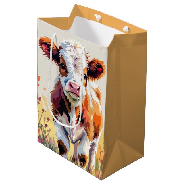 Sac Cadeau Moyen Birthday Watercolor Calf In Field Flowers (Devant Angle)