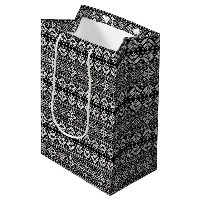 Sac Cadeau Moyen Black and White Christmas Fair Isle Motif (Devant Angle)