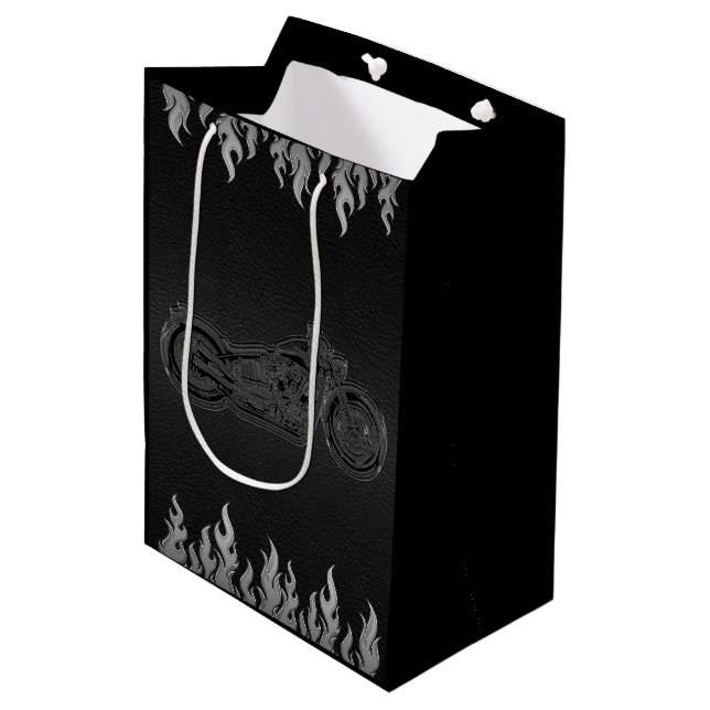Sac Cadeau Moyen Black Leather Silver Chrome Motorcycle Party (Devant Angle)