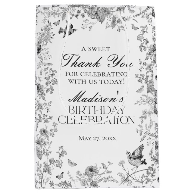 Sac Cadeau Moyen Black Toile De Jouy Floral Birthday Party Favors (Devant)