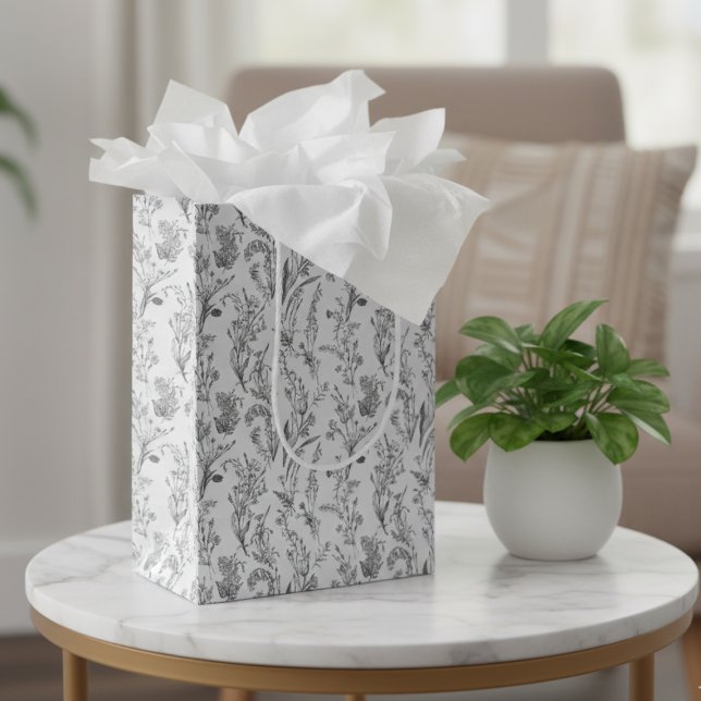 Sac Cadeau Moyen Black White Toile Elegant Floral (black and white toile floral gift bag with elegant chic pattern)