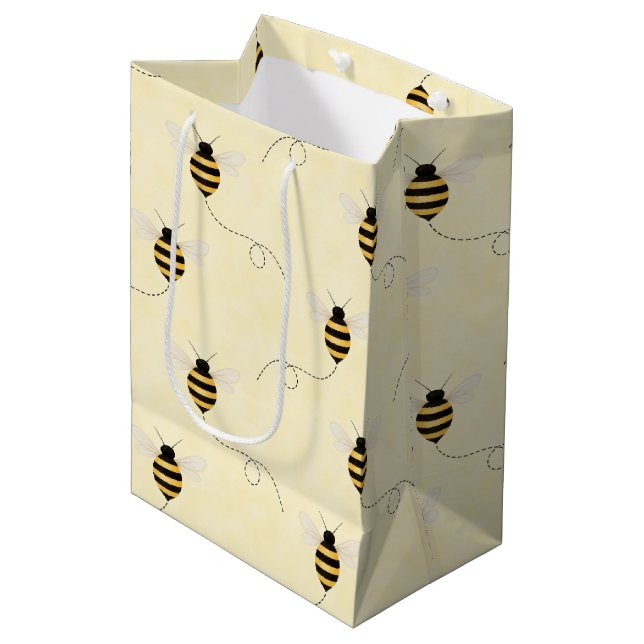 Sac Cadeau Moyen Black Yellow Gold Bees Baby Shower (Devant Angle)