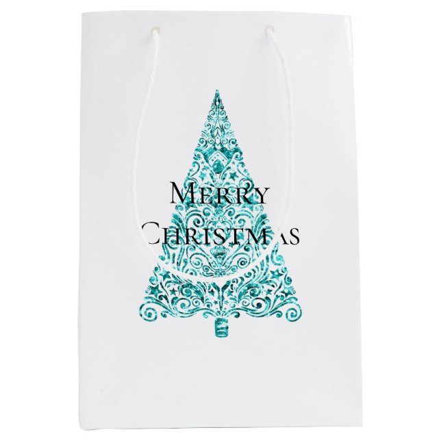 Sac Cadeau Moyen Blanc Aqua Bleu sapin de Noël (Devant)