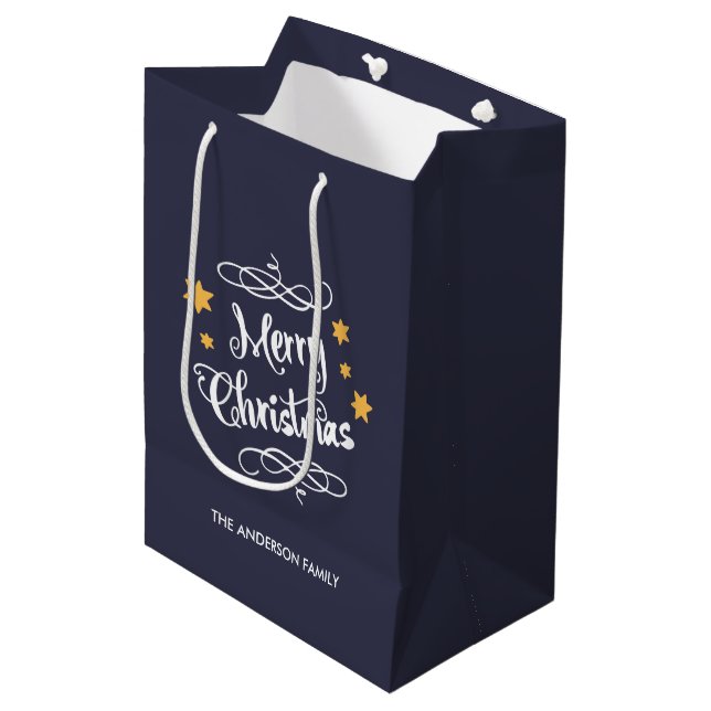 Sac Cadeau Moyen Blanc bleu de minuit de typographie de Joyeux Noël (Devant Angle)