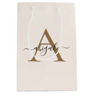 Sac Cadeau Moyen Blanc Broderie Or Monogrammé Élégance Minimalist