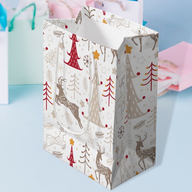 Sac Cadeau Moyen Blanc d'hiver, sapin de Noël et cerfs (Créateur téléchargé)