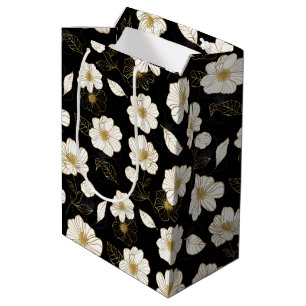 Sac Cadeau Moyen Blanc et or floral sur fond noir