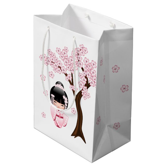 Sac Cadeau Moyen Blanc Kimono Kokeshi Doll Cute Geisha Girl Blue (Dos Angle)