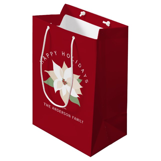 Sac Cadeau Moyen Blanc Poinsettia Rouge Joyeuses Fêtes (Devant Angle)