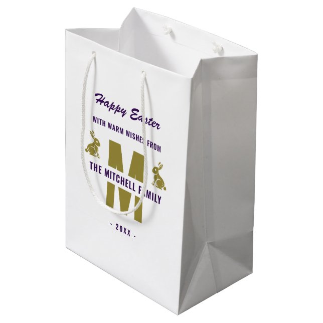 Sac Cadeau Moyen Blanc violet or Nom du monogramme Joyeux lapin de  (Dos Angle)