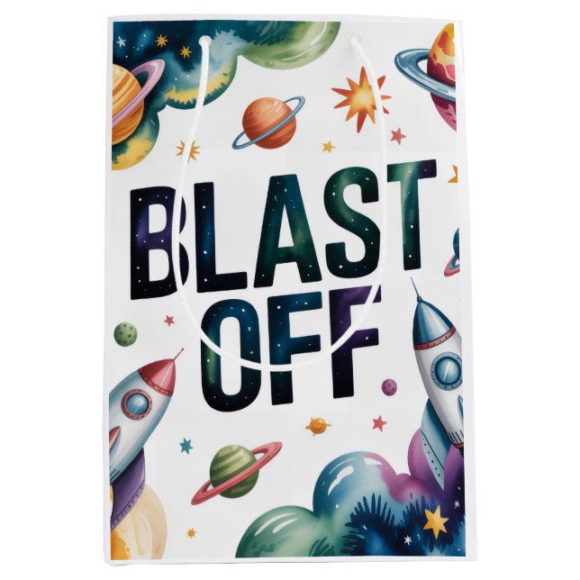 Sac Cadeau Moyen Blast Off Space Boy Astronaut fête d'anniversaire (Devant)