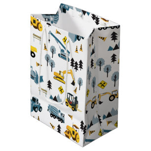 Sac Cadeau Moyen Bleu Camions de construction et Motif à thème du s