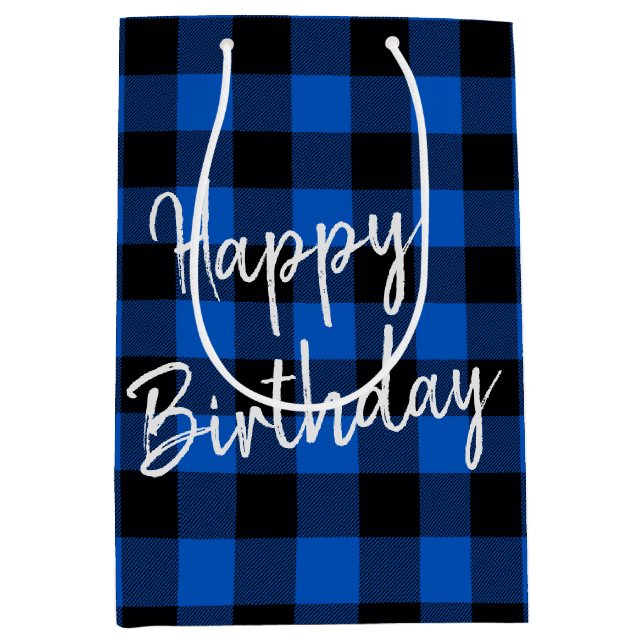 Sac Cadeau Moyen Bleu d'anniversaire et carreau de bœuf noir et ble (Devant)