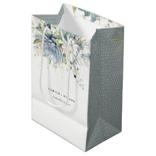 Sac Cadeau Moyen Bleu doux Vert Succulent Mariage botanique fleuri