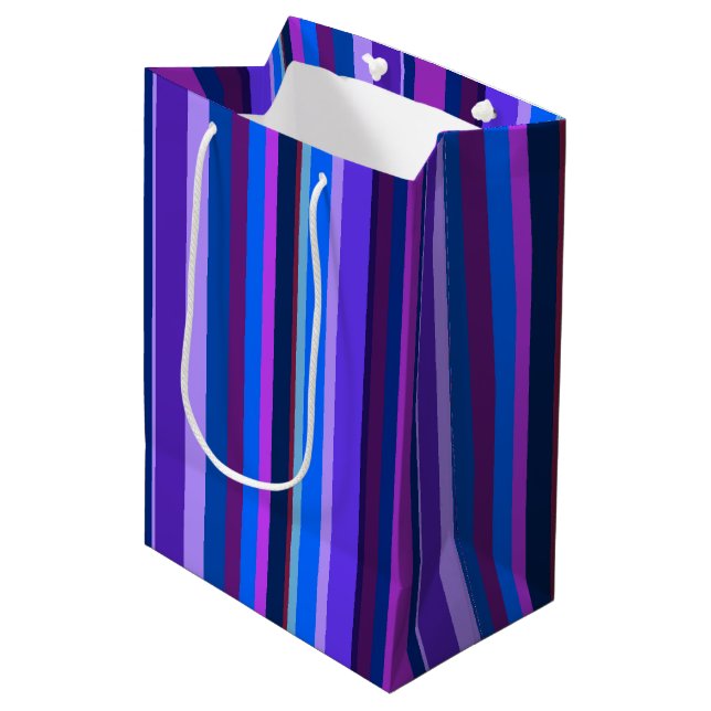 Sac Cadeau Moyen Bleu et violet bandes verticales (Devant Angle)
