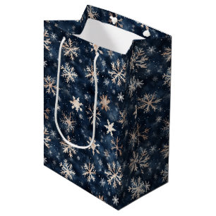 Sac Cadeau Moyen Bleu foncé simple avec flocons de neige Vin Petit