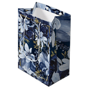 Sac Cadeau Moyen Bleu marine et aquarelle moderne élégante d'or