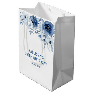 Sac Cadeau Moyen Bleu moderne Rose verdure fleurie Anniversaire